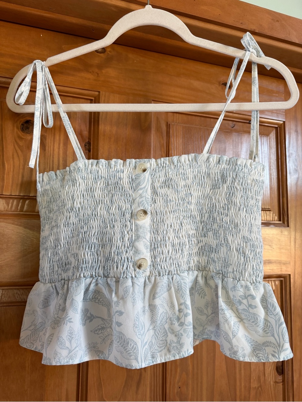 Paper Crane Light Blue Leaf-Print Smocked Tie-Strap Crop Top